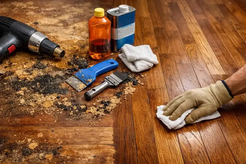 Cleaning adhesive from hardwood floor