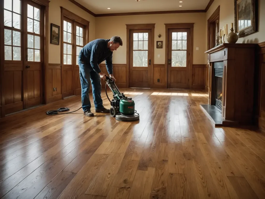 Man operating a dustless sanding machine on hardwood floors in a well-lit room, showcasing professional hardwood floor refinishing services.