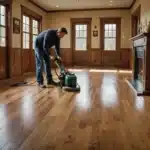Man polishing wooden floor indoors.