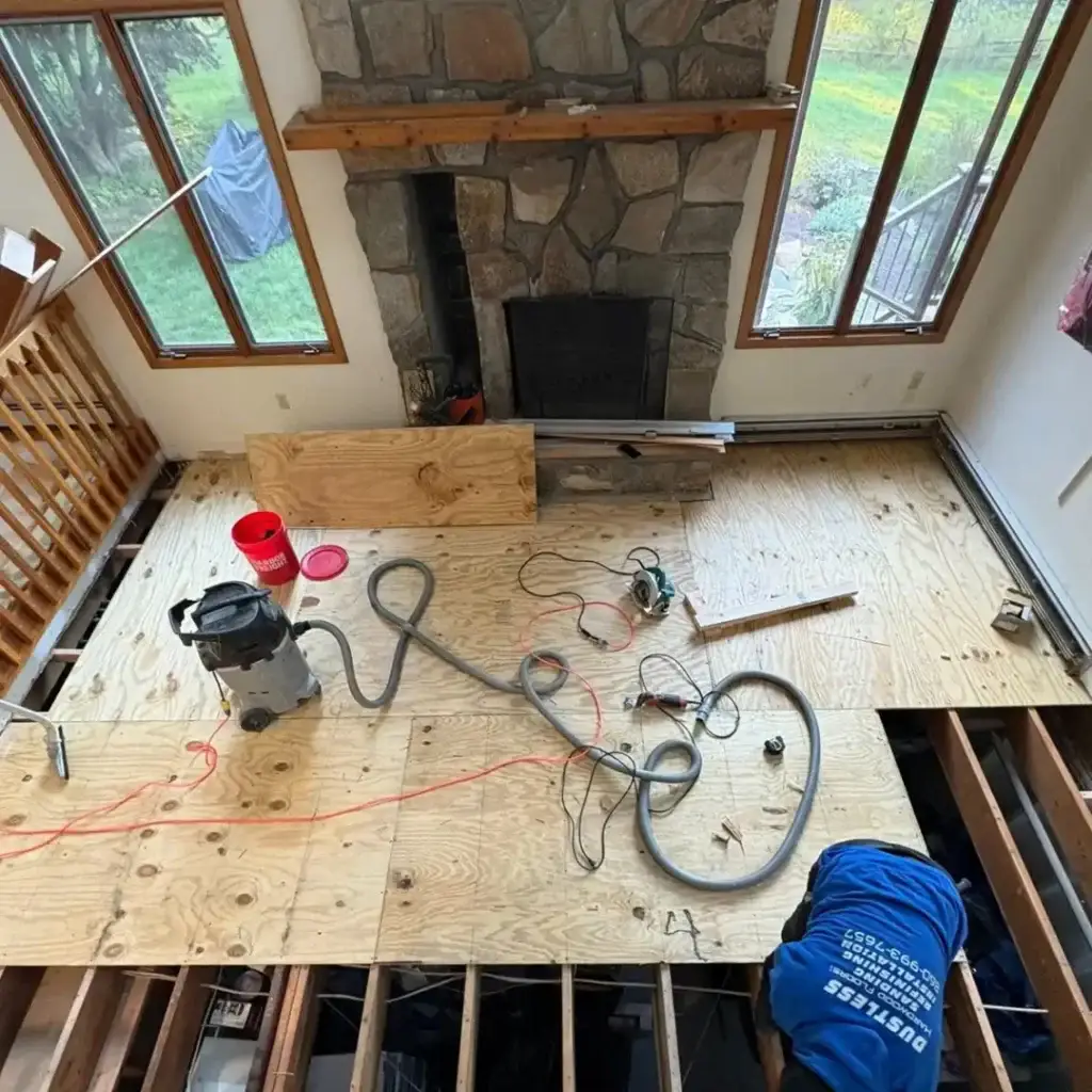 Under-construction living room with tools