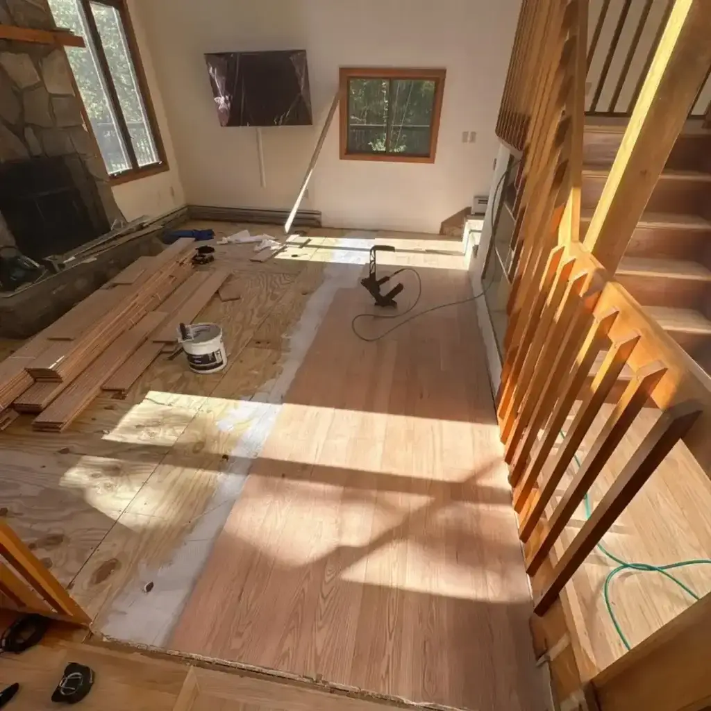 Wood flooring installation in progress.