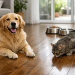 Dog and cat on wooden floor