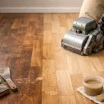 Sanding hardwood floor with tools nearby