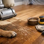 Dog paw on scratched hardwood floor