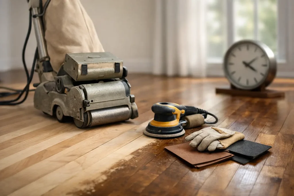 Dustless hardwood floor refinishing equipment, including a sander and vacuum, on hardwood flooring with gloves and sanding materials, emphasizing the refinishing process and timeline for homeowners.