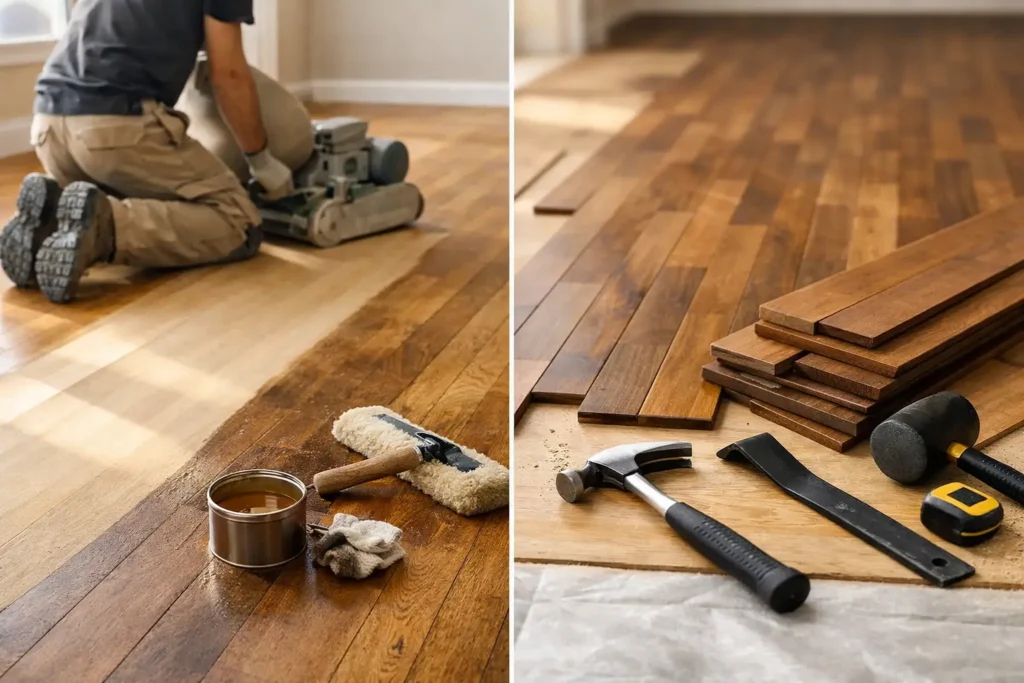 Hardwood floor refinishing process with a worker using a sander, tools including a paint can, brush, and various flooring materials in the foreground, highlighting the choice between refinishing and replacement.
