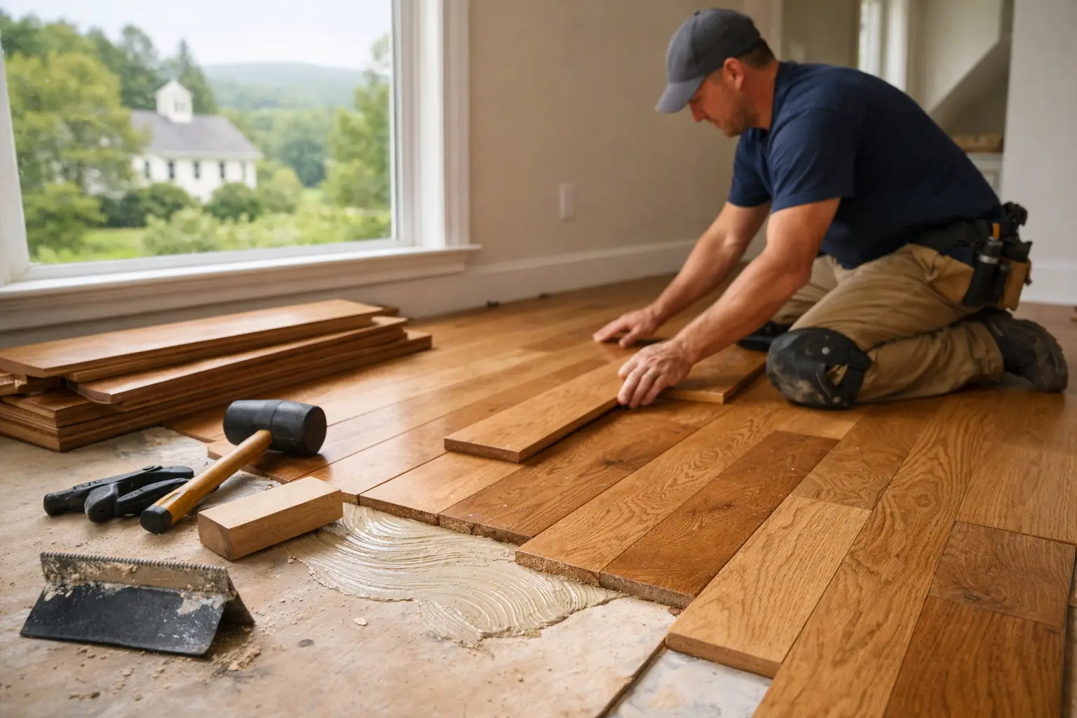 Man installing hardwood floor planks
