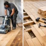 Man sanding floor with tools nearby