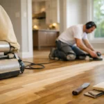 Man refinishing wooden floor indoors.