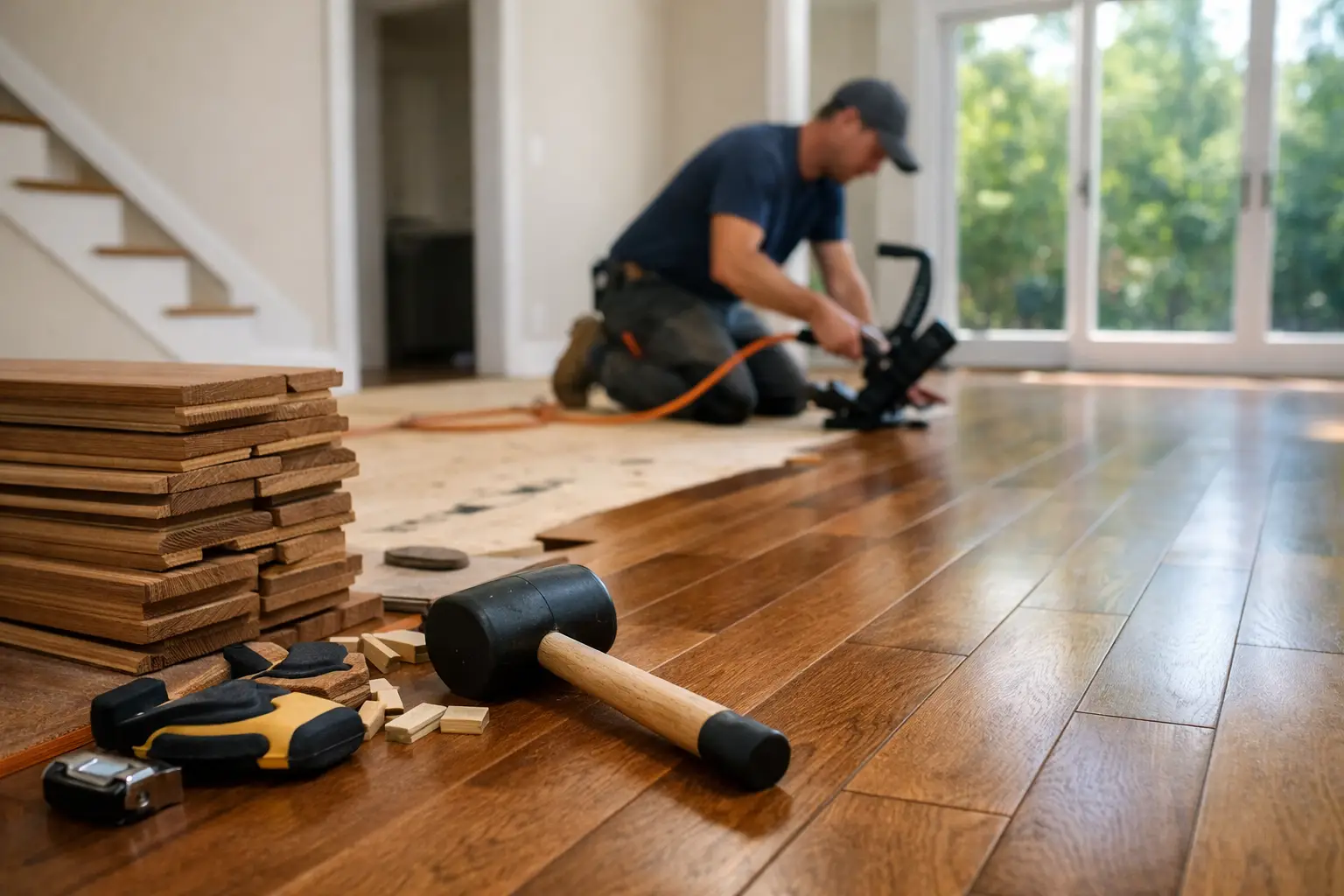 Man installing hardwood flooring indoors.