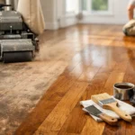 Wood floor restoration in progress.