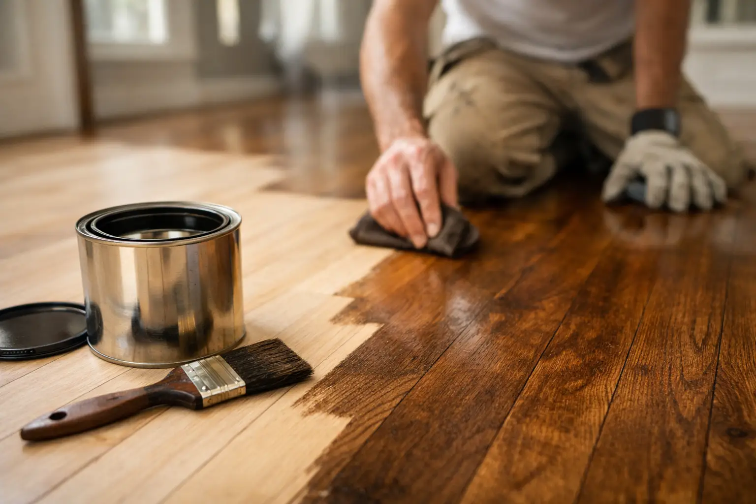 Person staining wooden floor with brush
