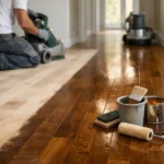 Man refinishing hardwood floor with tools