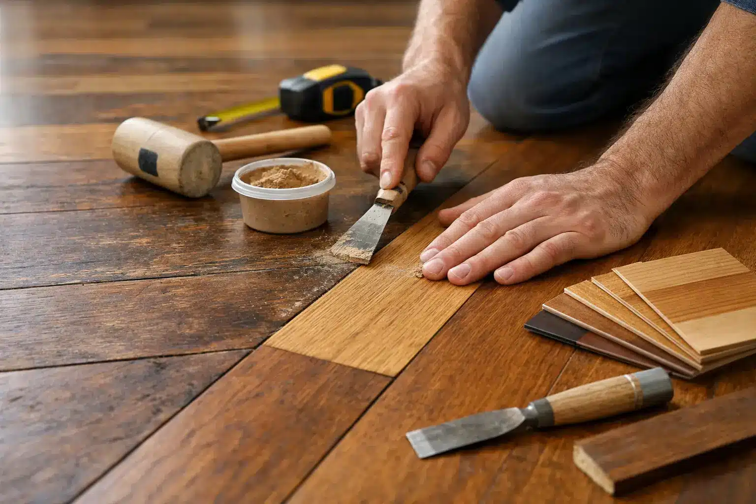 Repairing hardwood floor with tools