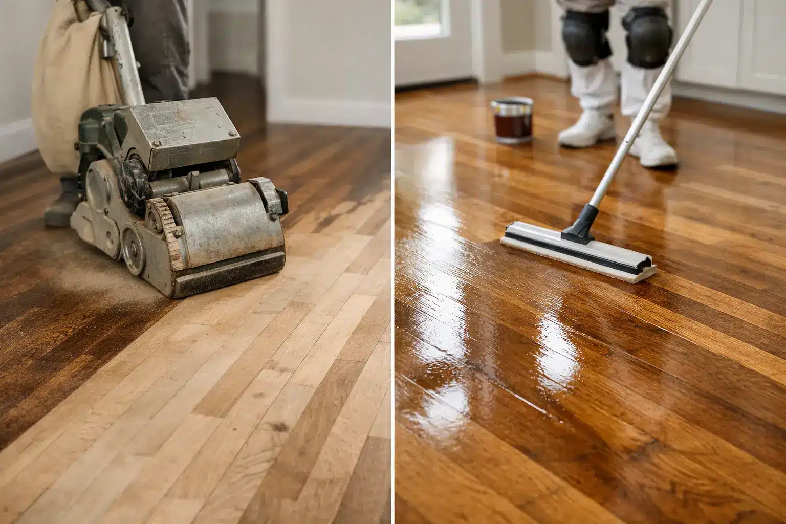Wood floor refinishing and recoating process