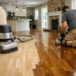 Man refinishing hardwood floor indoors.