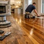 Man restoring wooden floor in home